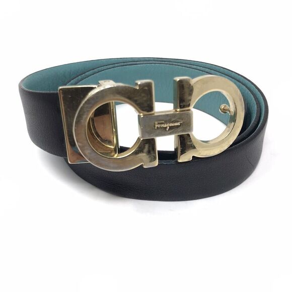 Salvatore Ferragamo Gancini Women’s Reversible Leather Belt One Size Black Teal - Picture 1 of 16